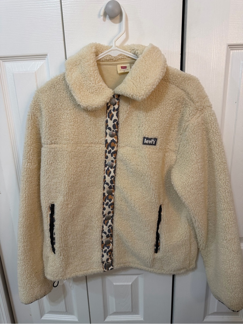 Levi's Cream Sherpa Jacket with Leopard-Trim Placket
